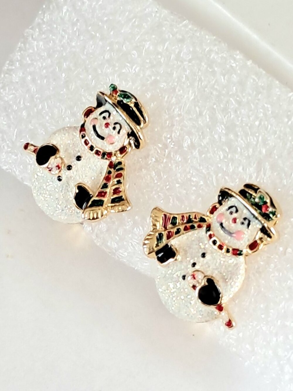 Vintage Snowman Clip Earrings Enamel Glitter Sparkle Jewelry